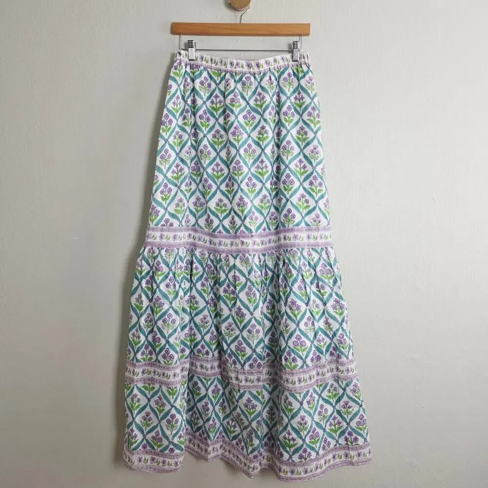 Alicia Bell Sutton Turquoise Purple Floral Silk Blend Tiered Maxi Skirt - Picture 9 of 12